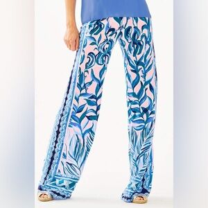Lilly Pulitzer Bal Harbour Palazzo Pants Blue Pink Tropical Print Size L